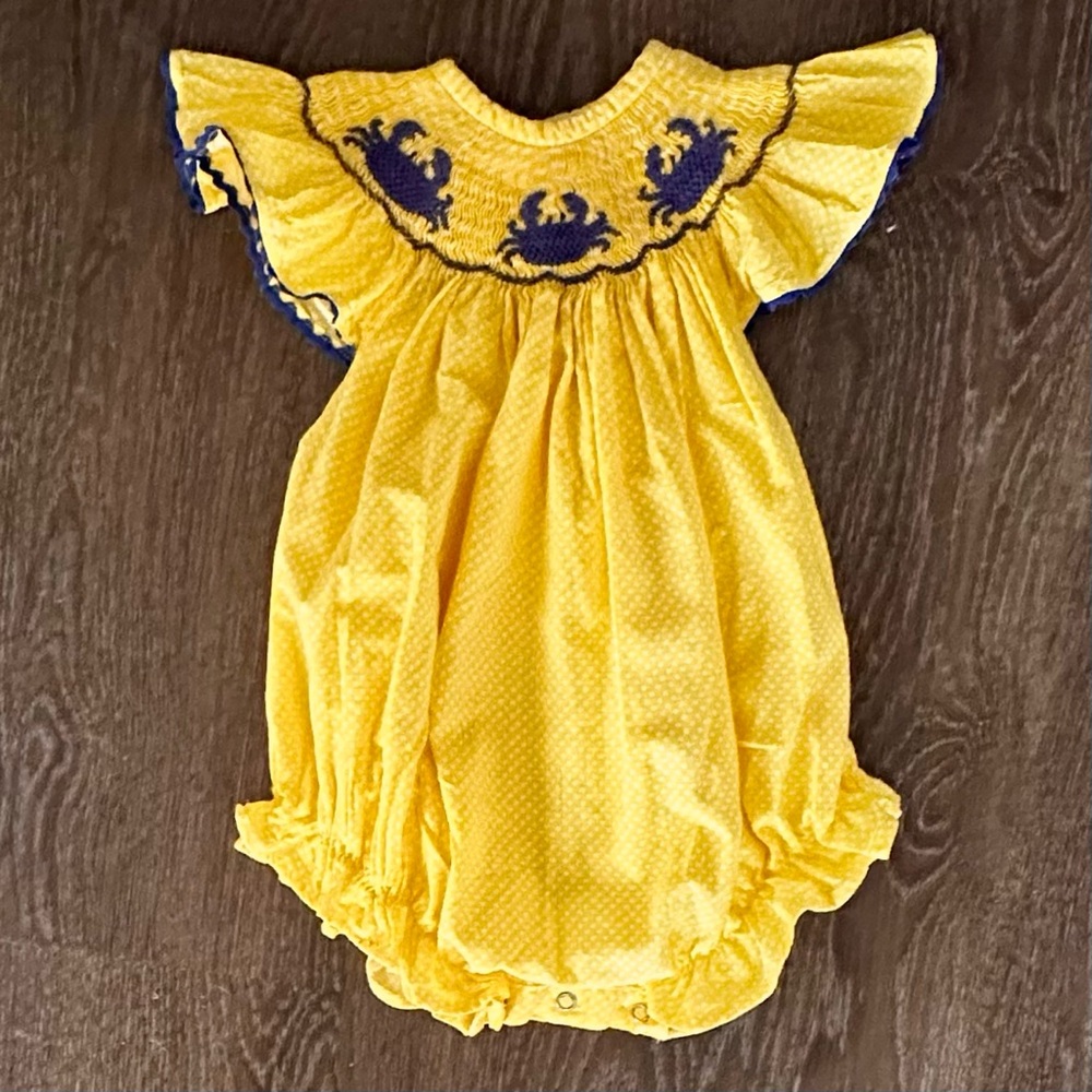 Yellow Baby One-Piece Romper with Navy Crab Smocking